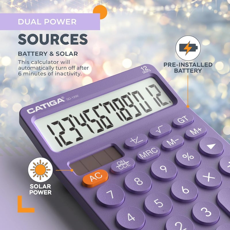 CATIGA 12 Digit Desktop Calculator Basic Desk Calculator with Large LCD Display, Big Buttons, 4 Function, Solar and Battery Dual Power, for Office, School, Home, SD-1292 Purple - Image 5